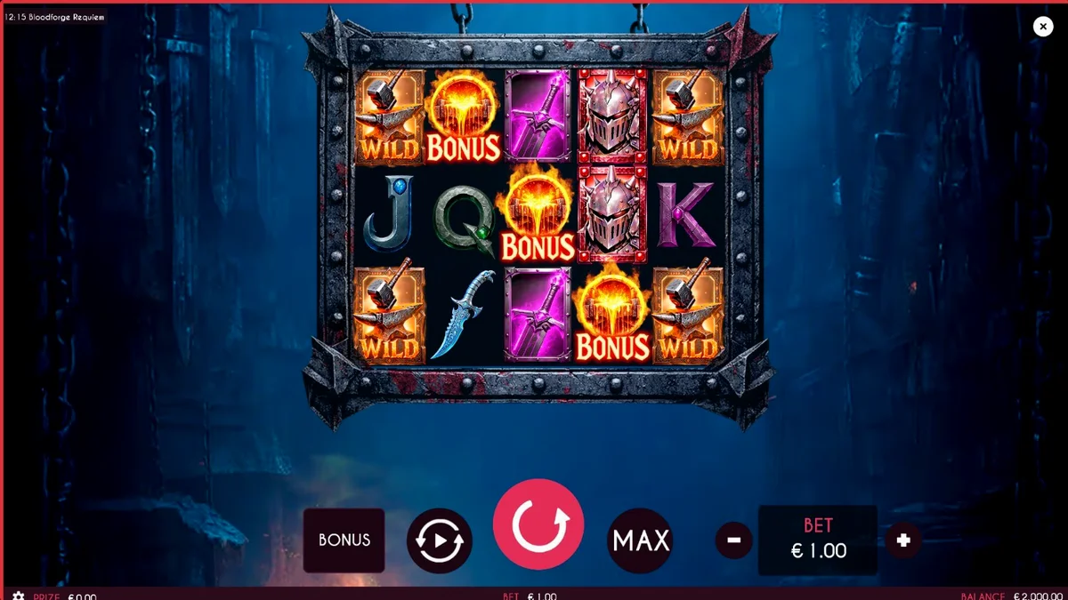 Tampilan visual slot Bloodforge Requiem dengan tema pandai besi dan api