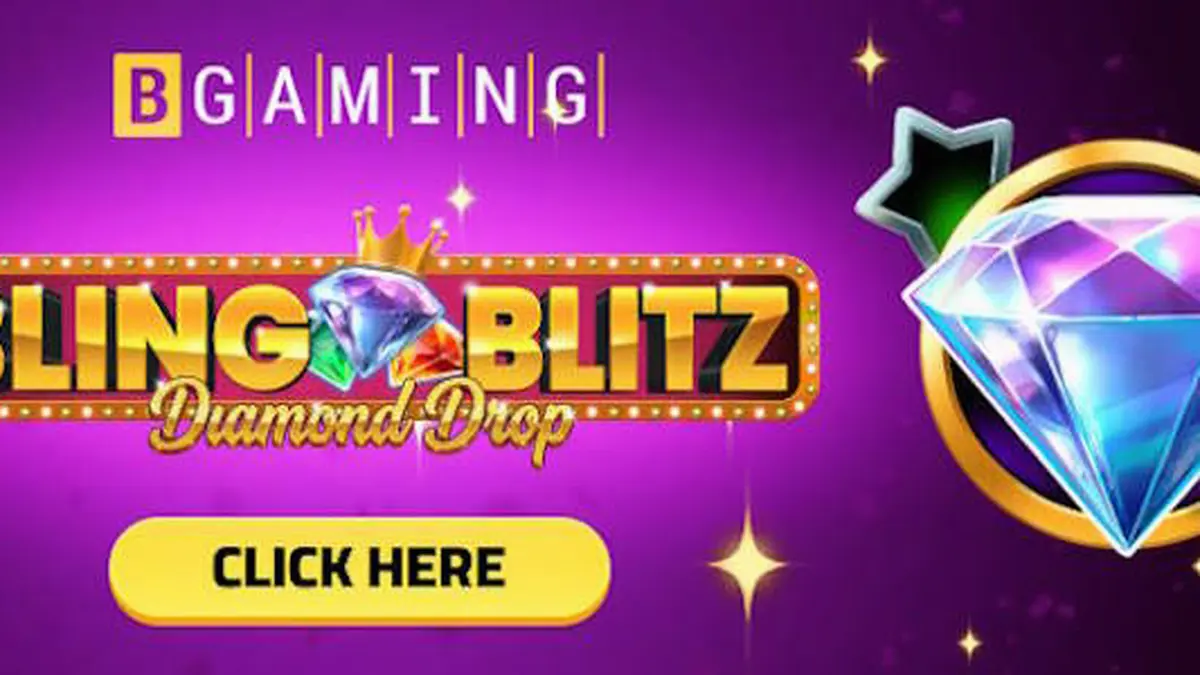 Tampilan visual mewah dari slot Bling Blitz Diamond Drop dengan simbol berlian dan peti harta karun.